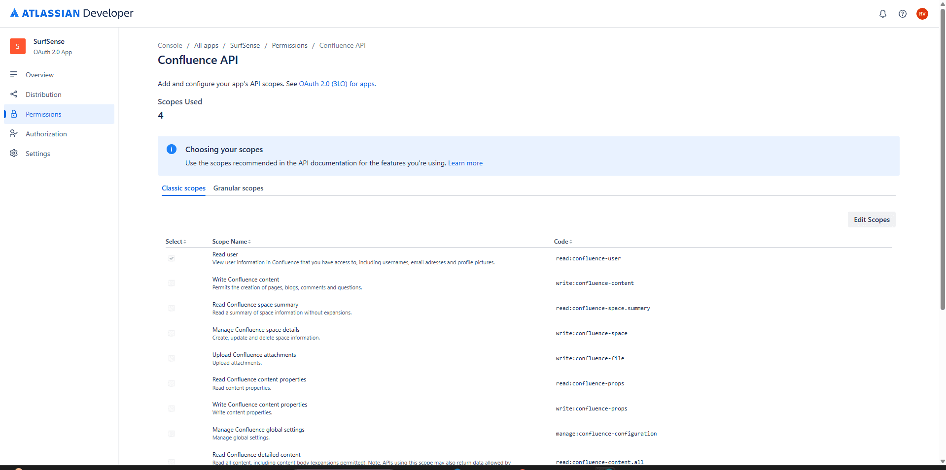 Confluence API Classic Scopes