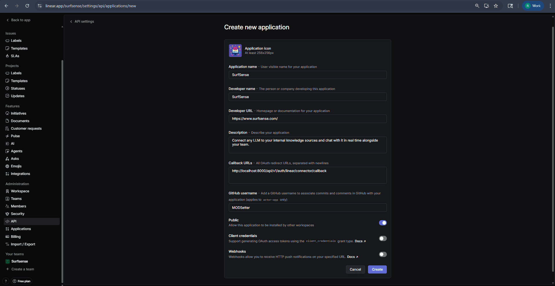 Create New Application Form